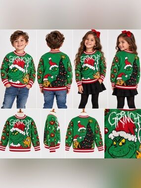 Kids' Grinch Green Holiday Knit Sweater - Festive Character Pullover